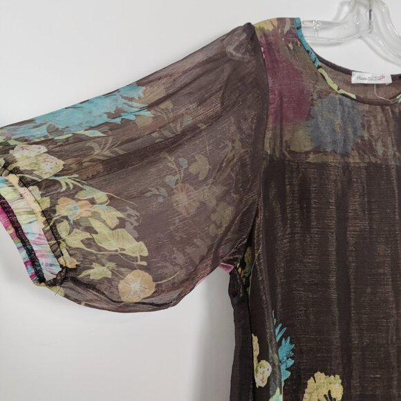 HuaSiJie Women's Blouse Sz L Brown Floral Sheer Lined Cotton Blend Spring Summer - Picture 3 of 9